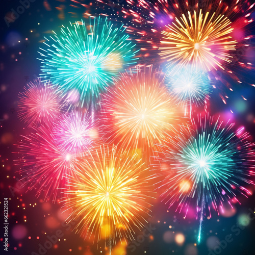 HAPPY NEW YEAR - Celebration New Year's Eve, Silvester 2024 holiday background greeting card - Colorful firework fireworks pyrotechnics on dark night sky.