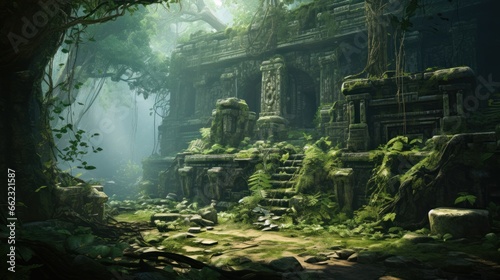Landscape within a dense jungle, hiding ancient temples, overgrown vines, and mysterious encouraging players to unravel the secrets of the past game art © Damian Sobczyk