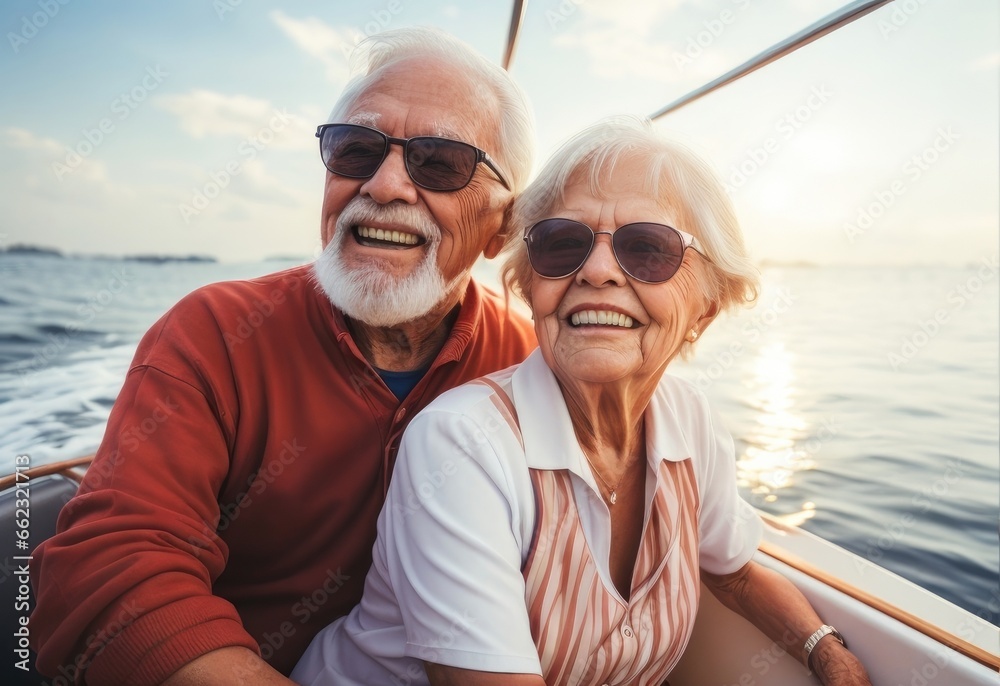Concept of insurance and pension plans for retirement. Dedicated, retired senior, mature, elderly  couple enjoying a sunset boat ride. 