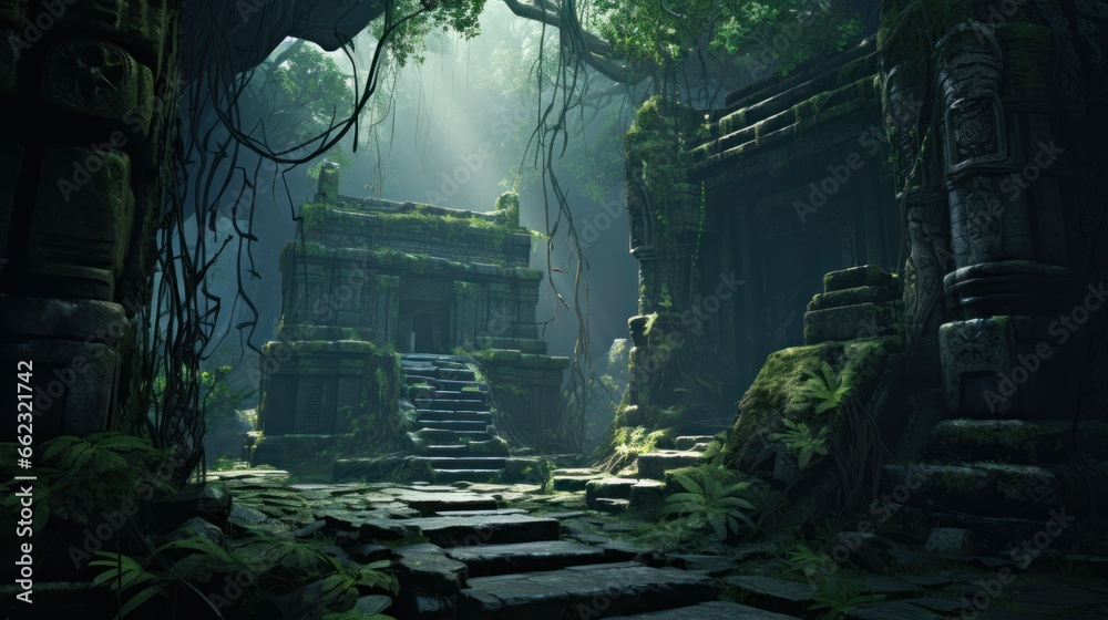 Fototapeta premium Landscape within a dense jungle, hiding ancient temples, overgrown vines, and mysterious encouraging players to unravel the secrets of the past game art
