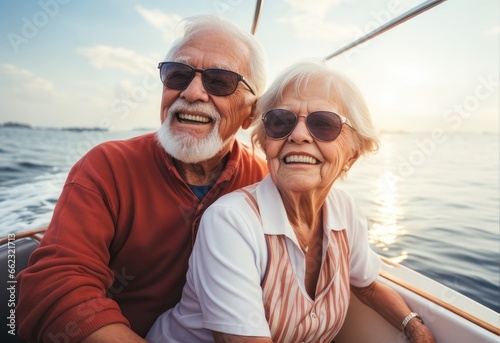 Concept of insurance and pension plans for retirement. Dedicated, retired senior, mature, elderly couple enjoying a sunset boat ride. 