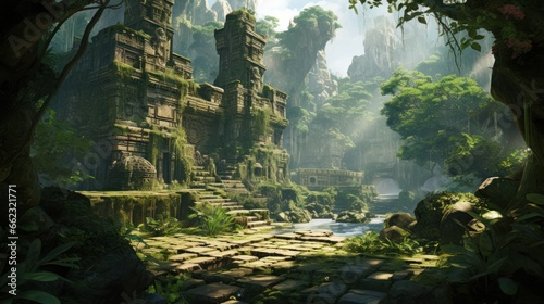 Landscape within a dense jungle  hiding ancient temples  overgrown vines  and mysterious encouraging players to unravel the secrets of the past game art