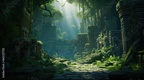 Landscape within a dense jungle  hiding ancient temples  overgrown vines  and mysterious encouraging players to unravel the secrets of the past game art