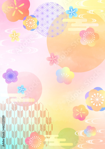 colorful plum background with Japanese patterns