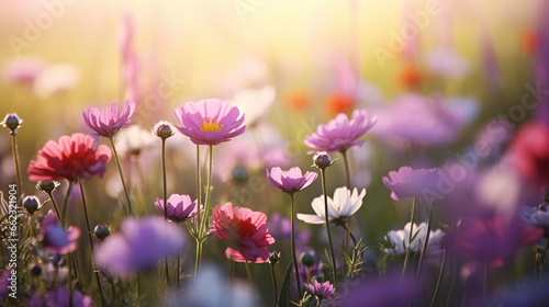Flower field in sunlight, spring or summer garden background in closeup macro. Flowers meadow field © Muhammad