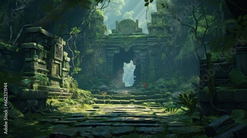 Landscape within a dense jungle  hiding ancient temples  overgrown vines  and mysterious encouraging players to unravel the secrets of the past game art