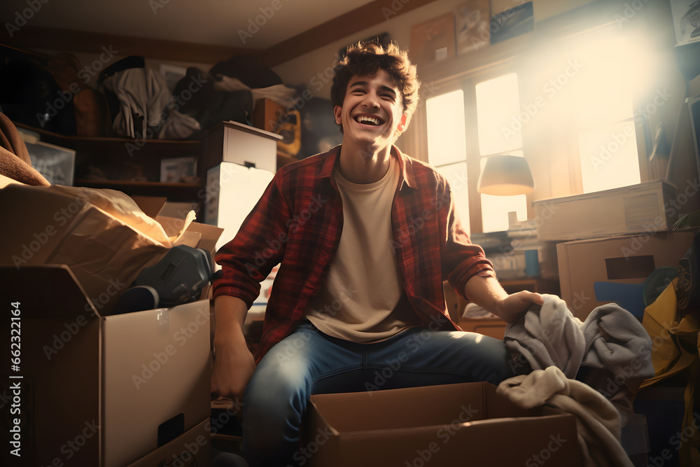 A male college freshman unpacking his things and stuff, moving into his university dorm room A male college freshman unpacking his things and stuff, moving into his university dorm room