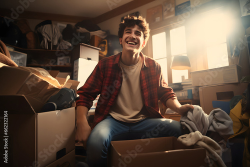 A male college freshman unpacking his things and stuff, moving into his university dorm room photo