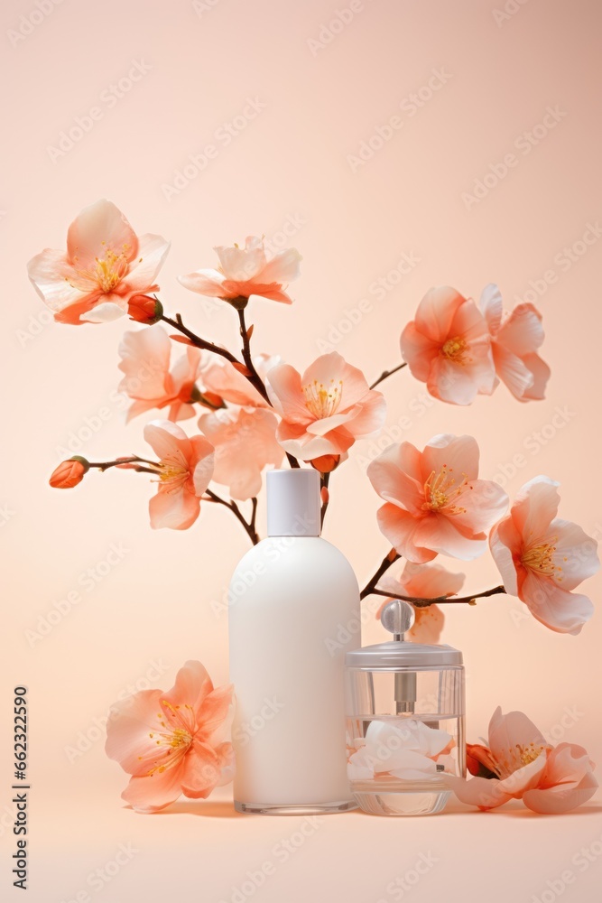A bottle of lotion and flowers on a table. Digital art.