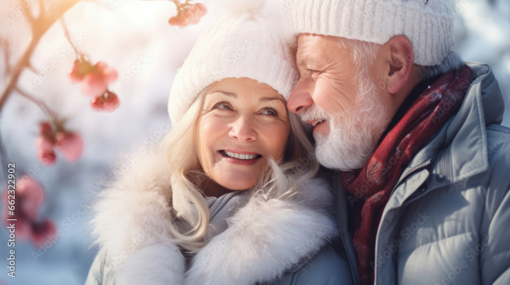active and happy senior couple in a snow landscape in winter clothes active and happy senior couple in a snow landscape in winter clothes