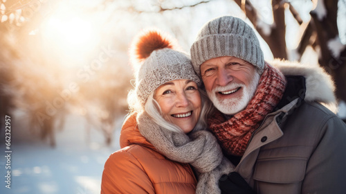 active and happy senior couple in a snow landscape in winter clothes © Karat