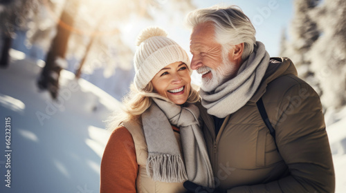 active and happy senior couple in a snow landscape in winter clothes