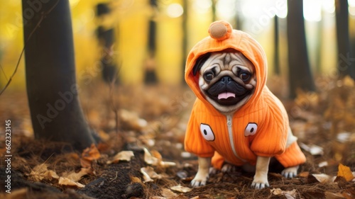 Pug dog in an orange Holloween hoodie photo