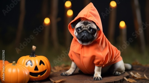 Pug dog in an orange Halloween hoodie photo