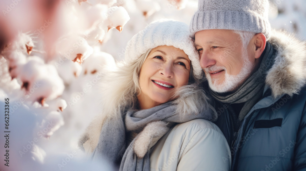 Fototapeta premium active and happy senior couple in a snow landscape in winter clothes