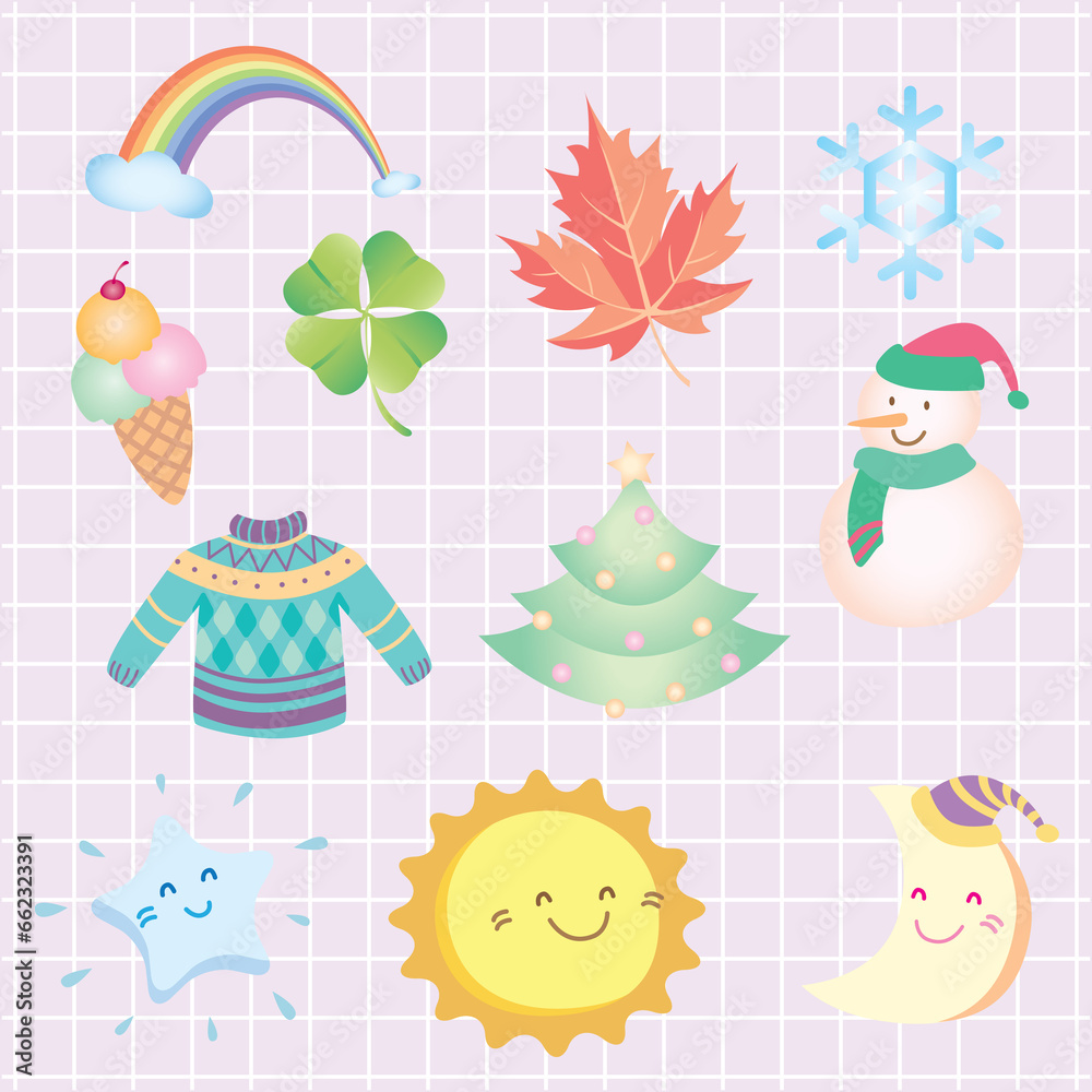 Cute colorful cartoon theme winter weather Christmas snowman and the sun, the moon and the star.
