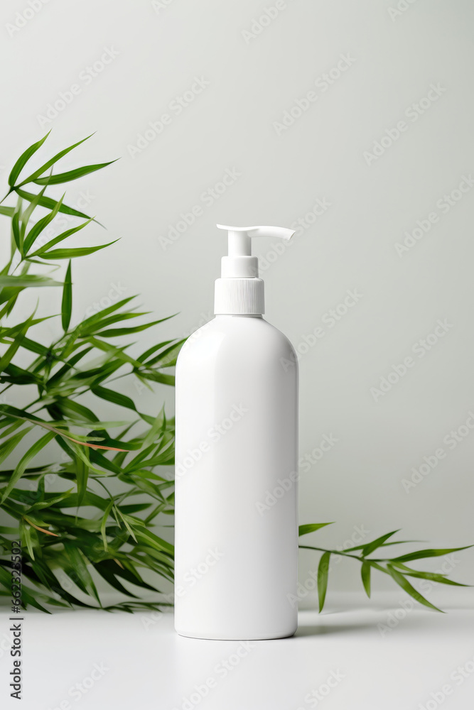 A bottle of lotion sitting next to a plant. Digital art. Body product mockup. A bottle of lotion sitting next to a plant. Digital art. Body product mockup.