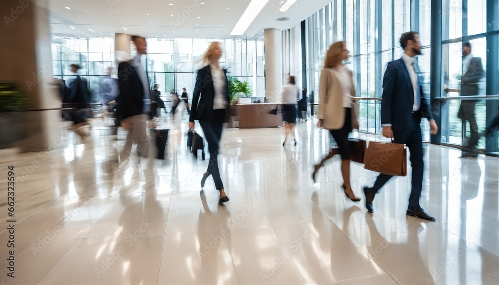 Long exposure shot of fast moving business people in bright office lobby with blurry trail