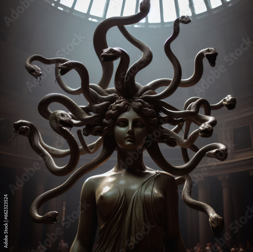 Medusa's Petrifying Gaze in Art. stone statue. Sake, serpent, crown head. Greek mythology. Medusa goddess.  photo