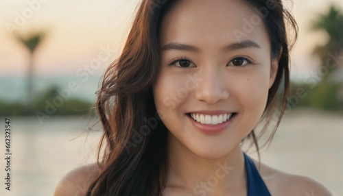 Confident Asian woman in stylish bikini - captivating smile on camera, copy space shot © ibreakstock