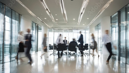Meeting of business people in blurred modern office building conference room