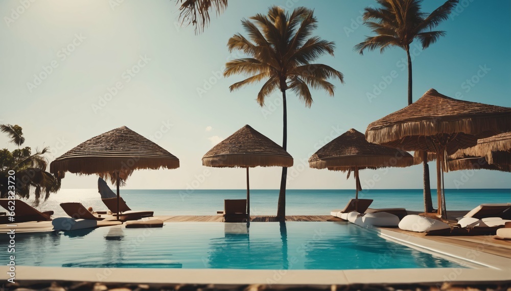 Fototapeta premium Luxurious swimming pool with loungers umbrellas near beach and sea under blue sky with palm trees