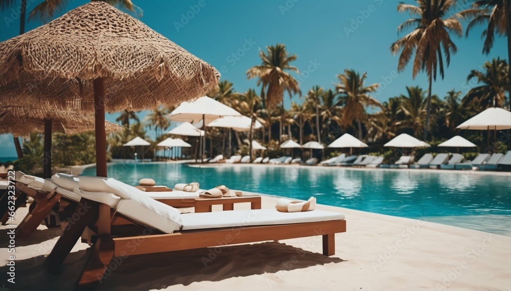Fototapeta premium Luxurious swimming pool with loungers umbrellas near beach and sea under blue sky with palm trees