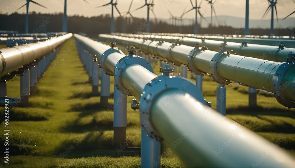 Green hydrogen production concept with hydrogen pipeline and wind turbines in the background Green hydrogen production concept with hydrogen pipeline and wind turbines in the background