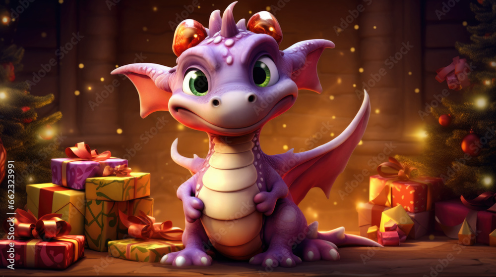Fototapeta premium A playful dragon illustration brings joy to the holiday, set against a backdrop of a Christmas tree and presents