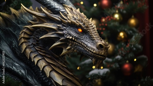 A mystical dragon illuminated by the glow of a Christmas tree  blending fantasy and holiday enchantment