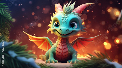 A funny dragon illustration in a festive setting, promising joy and laughter