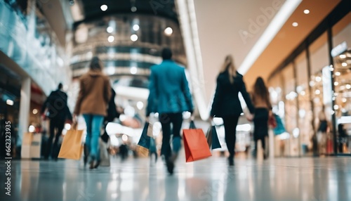Modern shopping mall with motion blurred background of shoppers walking