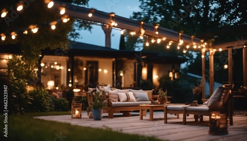 Beautiful suburban house patio in summer evening with garden lights photo