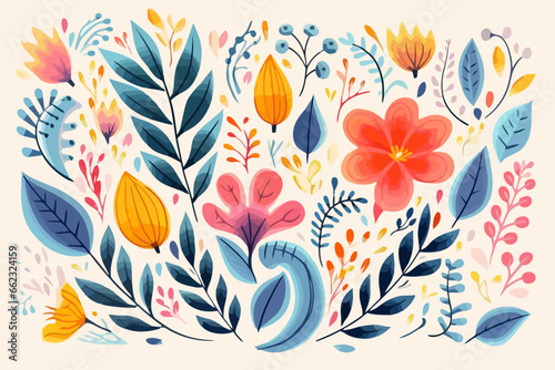 Floral Calligraphy quirky doodle pattern, wallpaper, background, cartoon, vector, whimsical Illustration