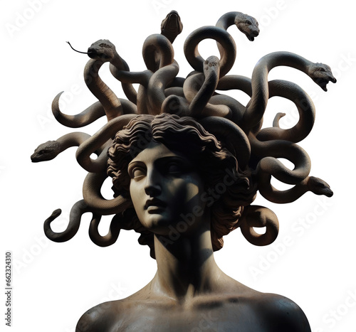 Stone statue of queen medusa. Fantasy mythological Greek goddess. Horror concept. Transformation into stone statue.  photo