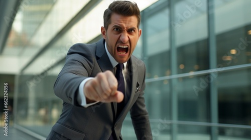 An executive in a sharp suit loudly expressing his disagreement