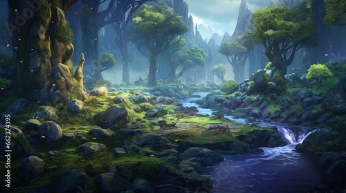 Describe the process of creating an amazing landscape in a fantasy game  featuring magical realms  enchanted forests