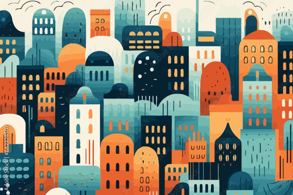 Urban landscape and cityscapes quirky doodle pattern, wallpaper, background, cartoon, vector, whimsical Illustration