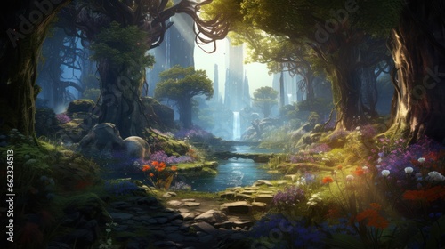 Describe the process of creating an amazing landscape in a fantasy game, featuring magical realms, enchanted forests