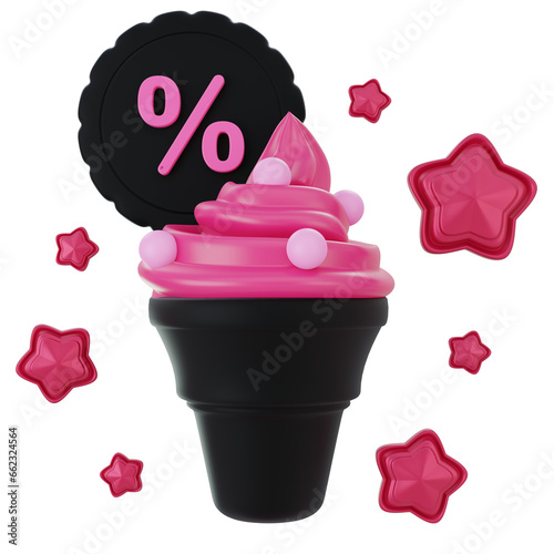 3d rendering ice cream with discount sign on cooky isolated on transparent background. Black friday concept.