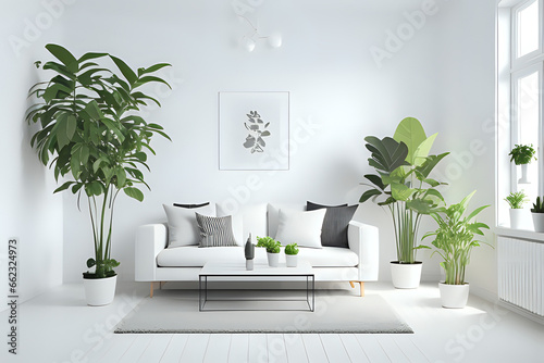 White empty space with plants. Living room interior. Scandinavian interior design. 3d illustration