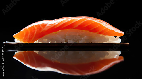 Salmon nigiri sushi on a black background with reflection. Japanese food