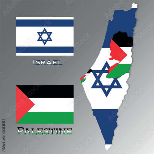 Map. Israel-Palestine conflict. Mapping the conflict in Israel and Palestine and Gaza. Israel Hamas war conflict in maps and Israeli Flag and palestinian flag 
