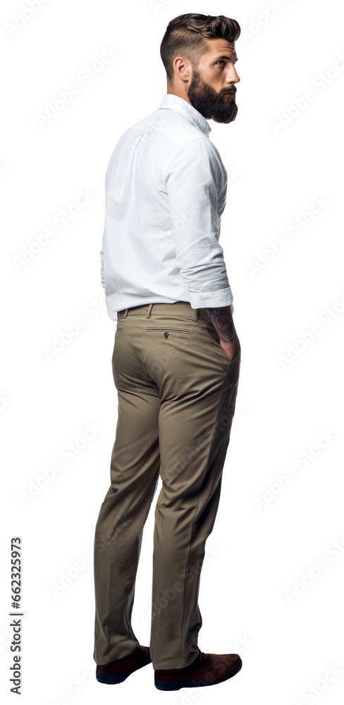 Isolated walking handsome young man wearing khaki chino trousers and a white shirt, cutout on transparent background, ready for architectural visualisation. Isolated walking handsome young man wearing khaki chino trousers and a white shirt, cutout on transparent background, ready for architectural visualisation.