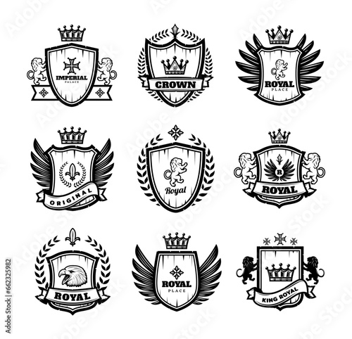 Set vintage monochrome heraldic emblems photo