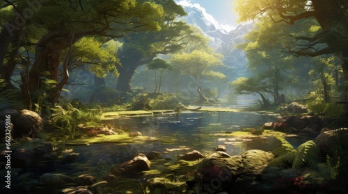 Depict a game art scene of a secluded forest, with serene lakes, and dappled sunlight