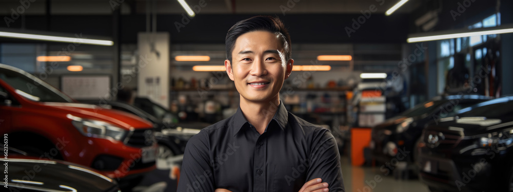 Portrait of a mechanic in a car service against the backdrop of cars. Portrait of a mechanic in a car service against the backdrop of cars.
