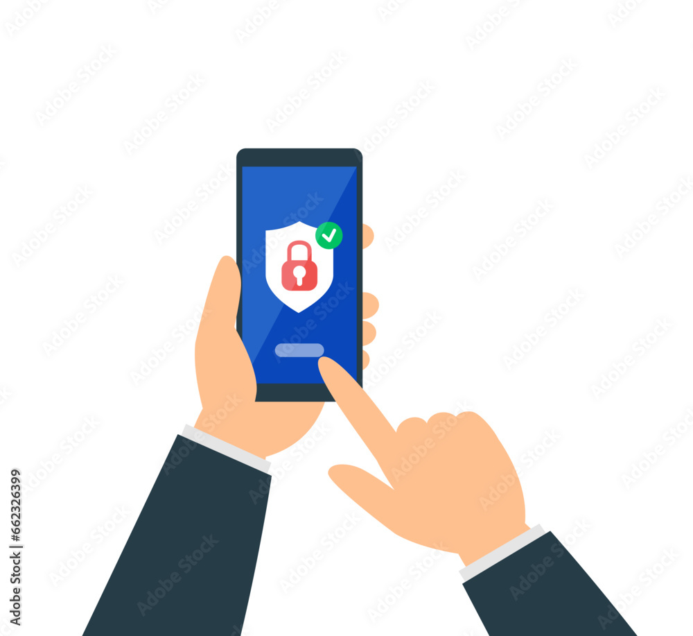 digital data security cyber control protection system  man hand with smartphone  vector illustration