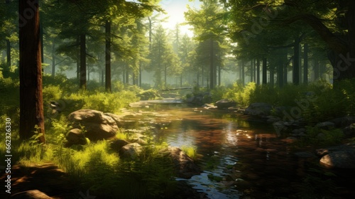 Depict a game art scene of a secluded forest, with serene lakes, and dappled sunlight © Damian Sobczyk
