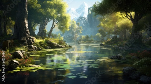 Depict a game art scene of a secluded forest  with serene lakes  and dappled sunlight